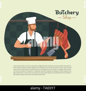 Vector illustration logo for a butchers shop with a bearded butchers at work with a book and a knife in his hands and meat in the background. With spa Stock Vector