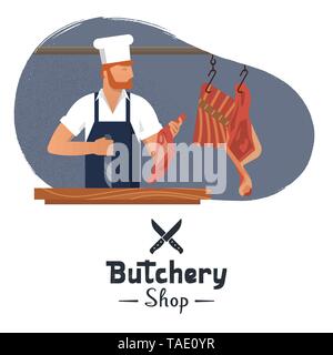 Vector illustration logo for a butcher shop with a bearded butchers at work with a book and a knife in their hands. Lettering butchers shop bottom ill Stock Vector