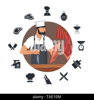 Vector illustration logo for butcher shop with bearded butchers at work with a book and a knife in their hands. With a set of flat icons on the theme  Stock Vector