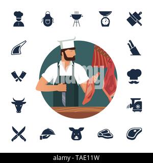 Vector illustration logo for butcher shop with bearded butchers at work plus set of flat icons. Stock Vector