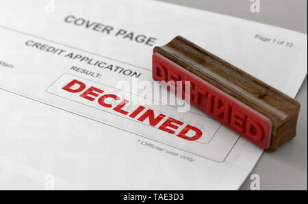 A wooden stamp with embossed text stamping the word declined on a credit application form - 3D render Stock Photo