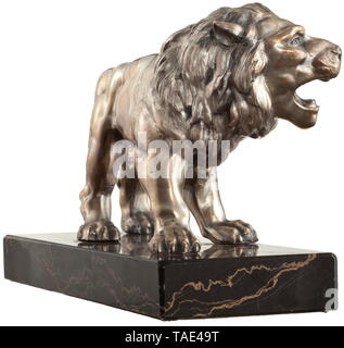 SA-Obersturmführer Josef Eichbauer (1903 - 1944) - an honorary gift for the 'Blutorden' bearer commemorating the 10th anniversary of the Feldherrnhalle March Silver-plated roaring lion on red-streaked black marble base. On face side engraved silver dedication badge 'Dem Mutigen gehört das Vaterland - Feldherrnhalle München 1923-1933' between two swastika disks, hallmarked '800'. Dimensions circa 16.5 x 26.5 x 10 cm. historic, historical, 20th century, 1930s, 1940s, storm battalion, stormtroopers, armed and uniformed branch of the NSDAP, organisation, organization, organizat, Editorial-Use-Only Stock Photo