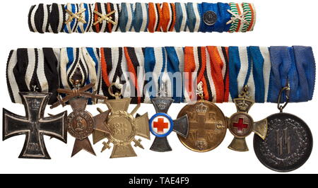 An estate of the medical orderly Friedrich Mayberger Large, eight-part orders clasp with Iron Cross 2nd Class 1914, Bavarian Military Merit Cross 3rd Class with Swords, Honour Cross for Combatants, Merit Cross for voluntary medical service, Red Cross Medal 3rd Class, Red Cross War Commemorative Badge and SS Long Service Award for 4 years. Includes the field orders clasp (also with applied SS Long Service Award) and Mayberger's complete set of award documents (only the document for the Long Service Award is missing). historic, historical, medal, decoration, medals, decoratio, Editorial-Use-Only Stock Photo