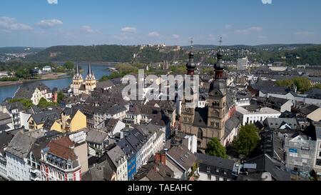 View of the old town with Church of Our Dear Lady and Florinskirche, drone recording, Koblenz, Rhineland-Palatinate, Germany Stock Photo