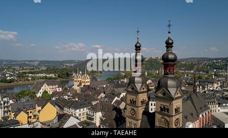 View of the old town with Church of Our Dear Lady and Florinskirche, drone recording, Koblenz, Rhineland-Palatinate, Germany Stock Photo