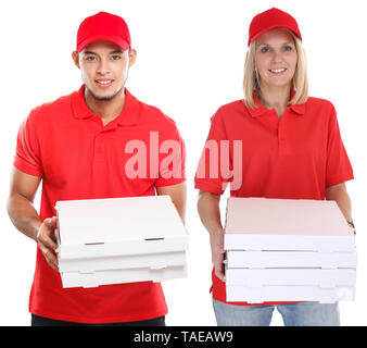 Pizza delivery woman man order delivering job young isolated on a white background Stock Photo