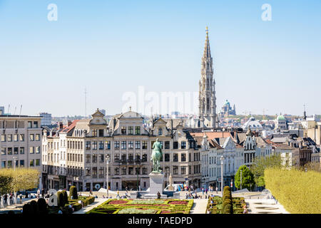 View from the Mont des Arts over the formal garden, the old town and the belfry of the town hall of Brussels, Belgium. Stock Photo