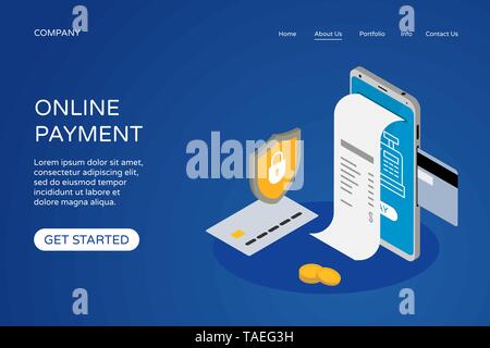 Online payment landing page web site design template. Isometric smartphone, bank card, check, shield and coins. Internet payments, protection money Stock Vector