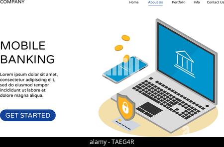 Online banking landing page web site design template on white background. Isometric laptop and smartphone, bank card, shield and coins. Money Stock Vector