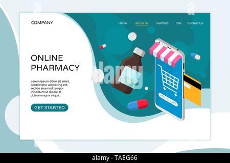 Online pharmacy landing page template. Buy medicaments and drugs online. Medical e-commerse web site design. Flat vector illustration for ui, mobile Stock Vector