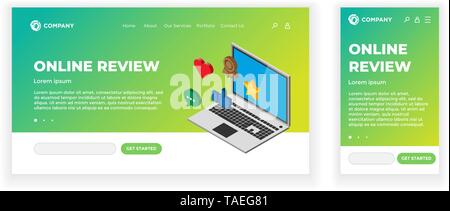 Landing web page concept design template. Online review theme. 3d laptop device with feedback rating signs - thumb up, heart, message, star. Mobile Stock Vector