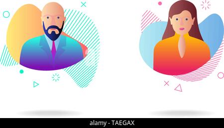 Man woman avatar set on dynamic modern liquid element graphic gradient flat style design fluid vector colorful illustration simple abstract shapes Stock Vector