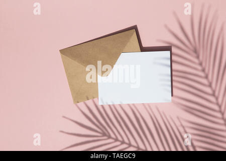Summer palm leaf shadow on blank white card and brown paper envelope mock up Stock Photo