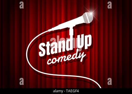 Stand up comedy night live show open mic on empty theatre stage. Microphone against red curtain backdrop. Vector art image illustration Stock Vector