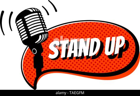 Stand up comedy show sign. Retro studio table microphone with inscription on red comics bubble. Vintage vector illustration Stock Vector
