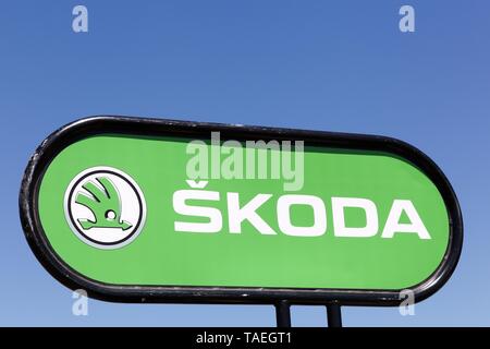 Villars, France - July 16, 2016: Skoda logo on a panel. Skoda, is a Czech automobile manufacturer founded in 1895 as Laurin and Klement Stock Photo