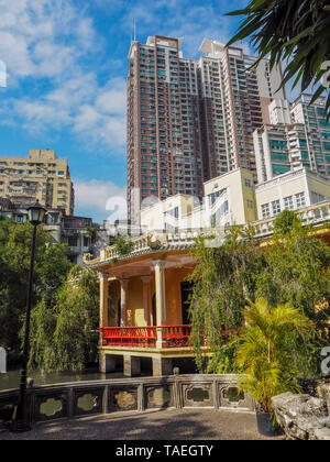 MACAU, CHINA - NOVEMBER 2018: The QIngcao hall in the middle of the Lou Lim Leoc public garden in the city center, overlooking the lotus pond Stock Photo