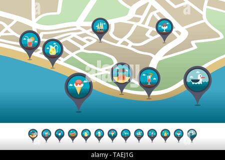 Beach pin map icon located on the map. Summer time Map pointer. Map ...