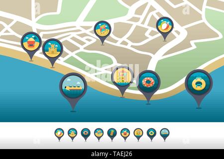 Beach pin map icon located on the map. Summer time Map pointer. Map ...