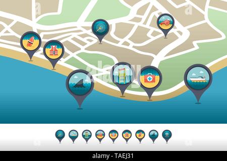 Lifeguard beach safety vector pin map icon located on the map. Summer time Map pointer. Map markers. Vacation, eps 10 Stock Vector