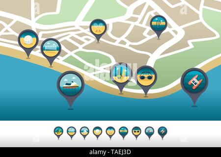 Beach activity vector pin map icon set. Summer time Map pointer. Map ...