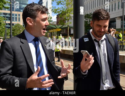 Andy Burnham (left), Mayor of Greater Manchester, after speaking at the Youth Strike 4 Climate protest on 24th May, 2019, in Manchester, uk Stock Photo