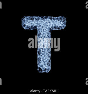 Abstract mesh line and point light alphabet character T font. Block chain digital link network technology illuminated shape. Big data node base concep Stock Photo