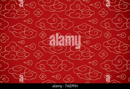 Chinese vintage cloud seamless background, with red back and golden cloud Stock Vector