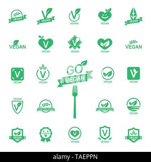 Set 24 Icons Vegan food, set of badges, emblems and stamps vector Stock Vector