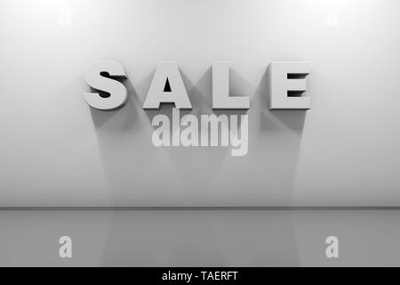 Sale. Volumetric white letters on a white wall with a cool shadow in an empty room. 3d rendering Stock Photo