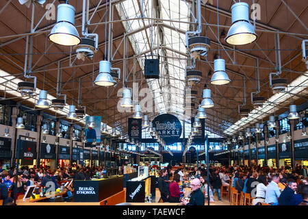 Lisbon, Portugal - March 29, 2018: People dining at Food Market Mercado da Ribeira, Time Out in Lisbon Stock Photo