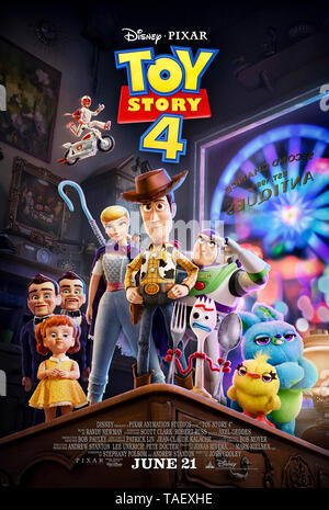 Toy Story 4 (2019) directed by Josh Cooley and starring  Keanu Reeves, Christina Hendricks, Tom Hanks and Tim Allen. The toys are joined by a new arrival and undertake a road trip. Stock Photo