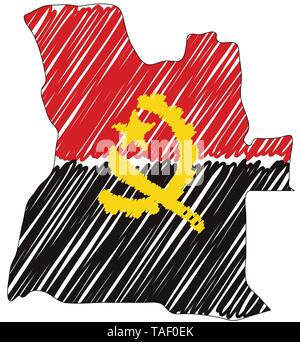 Angola map hand drawn sketch. Vector concept illustration flag, childrens drawing, scribble map. Country map for infographic, brochures and Stock Vector