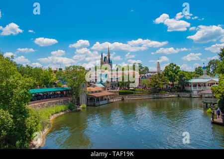 Orlando, Florida. May 17, 2019. Top view of Cinderella's Casttle and dock side of Liberty Square area in Magic Kingdom at Walt Disney World Resort (3) Stock Photo