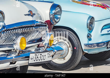 Korolev, Russia - May 18, 2019: Retro soviet cars on the city square at retro cars parade time. Stock Photo