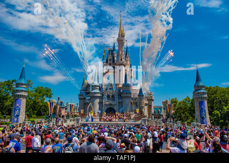 Orlando, Florida. May 17, 2019. Mickey's Royal Friendship Faire and fireworks on Cinderella Castle in Magic Kingdom at Walt Disney World Resort  (2) Stock Photo