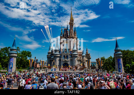Orlando, Florida. May 17, 2019. Mickey's Royal Friendship Faire and fireworks on Cinderella Castle in Magic Kingdom at Walt Disney World Resort  (4) Stock Photo