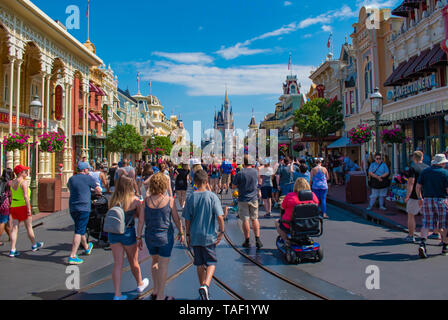 Orlando, Florida. May 17, 2019. People walking in Main Stree  on Magic Kingdom at Walt Disney World Resort  (1) Stock Photo
