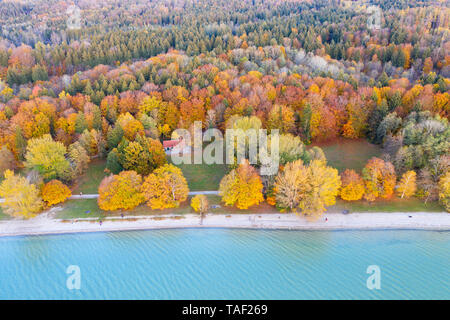 Germany, Bavaria, lakeshore of Lake Starnberg, Fuenfseenland, local recreation area Ambach, aerial view Stock Photo