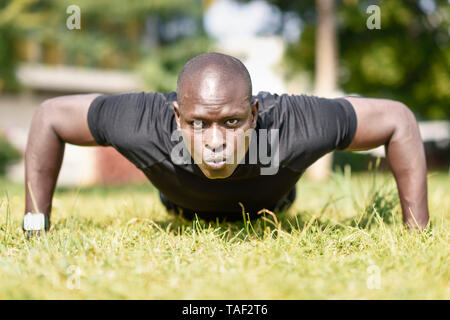 Portrait of man in black sportswear doing pushups on a meadow Stock Photo