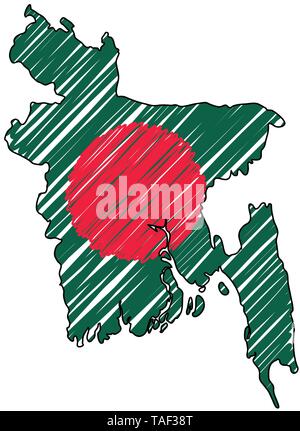 Bangladesh map hand drawn sketch. Vector concept illustration flag, childrens drawing, scribble map. Country map for infographic, brochures and Stock Vector