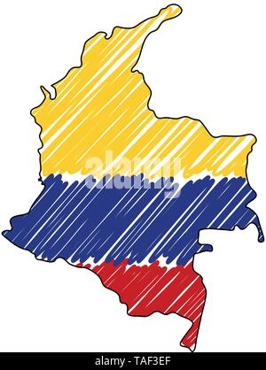 Colombia map hand drawn sketch. Vector concept illustration flag, childrens drawing, scribble map. Country map for infographic, brochures and Stock Vector