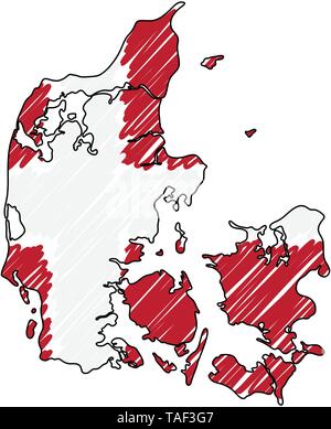 Denmark map hand drawn sketch. Vector concept illustration flag, childrens drawing, scribble map. Country map for infographic, brochures and Stock Vector