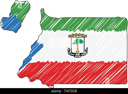 Equatorial Guinea map hand drawn sketch. Vector concept illustration flag, childrens drawing, scribble map. Country map for infographic, brochures and Stock Vector