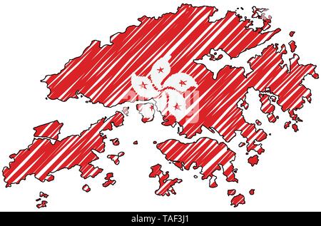 Hong Kong map hand drawn sketch. Vector concept illustration flag, childrens drawing, scribble map. Country map for infographic, brochures and Stock Vector