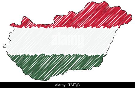 Hungary map hand drawn sketch. Vector concept illustration flag, childrens drawing, scribble map. Country map for infographic, brochures and Stock Vector