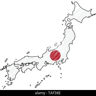 Japan map hand drawn sketch. Vector concept illustration flag, childrens drawing, scribble map. Country map for infographic, brochures and Stock Vector