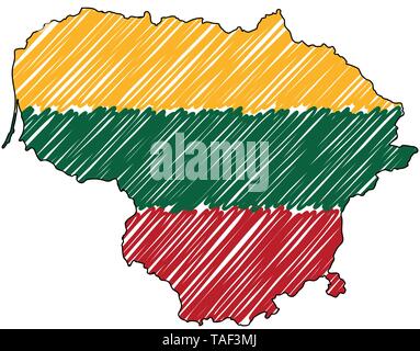 Lithuania map hand drawn sketch. Vector concept illustration flag, childrens drawing, scribble map. Country map for infographic, brochures and Stock Vector