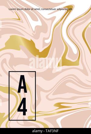 Marble Abstract Pink Gold White Background. Vector texture of the Fluid paint. Template A5 A4 A3 for wedding, invitations, banners, cards Stock Vector