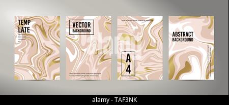 Marble Abstract Pink Gold White Background. Vector texture of the Fluid paint. Template A5 A4 A3 for wedding, invitations, banners, cards Stock Vector